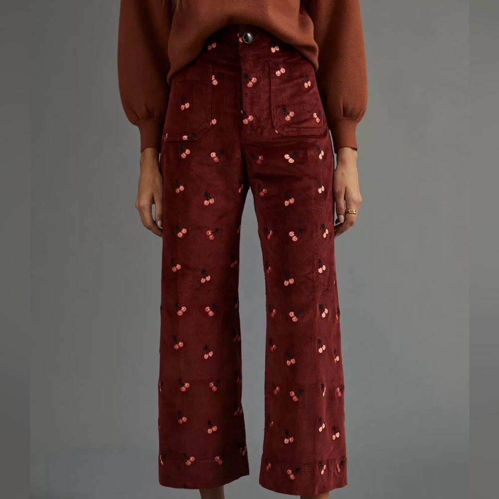 NWOT Anthropologie Colette Wide Leg Crop Cords with Embroidered Cherry Print